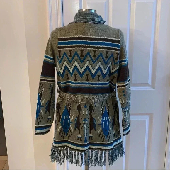 I LOVE H81 Cardigan Sweater Open Front Fringe Tribal Print Brown Blue Size Small - Picture 3 of 7